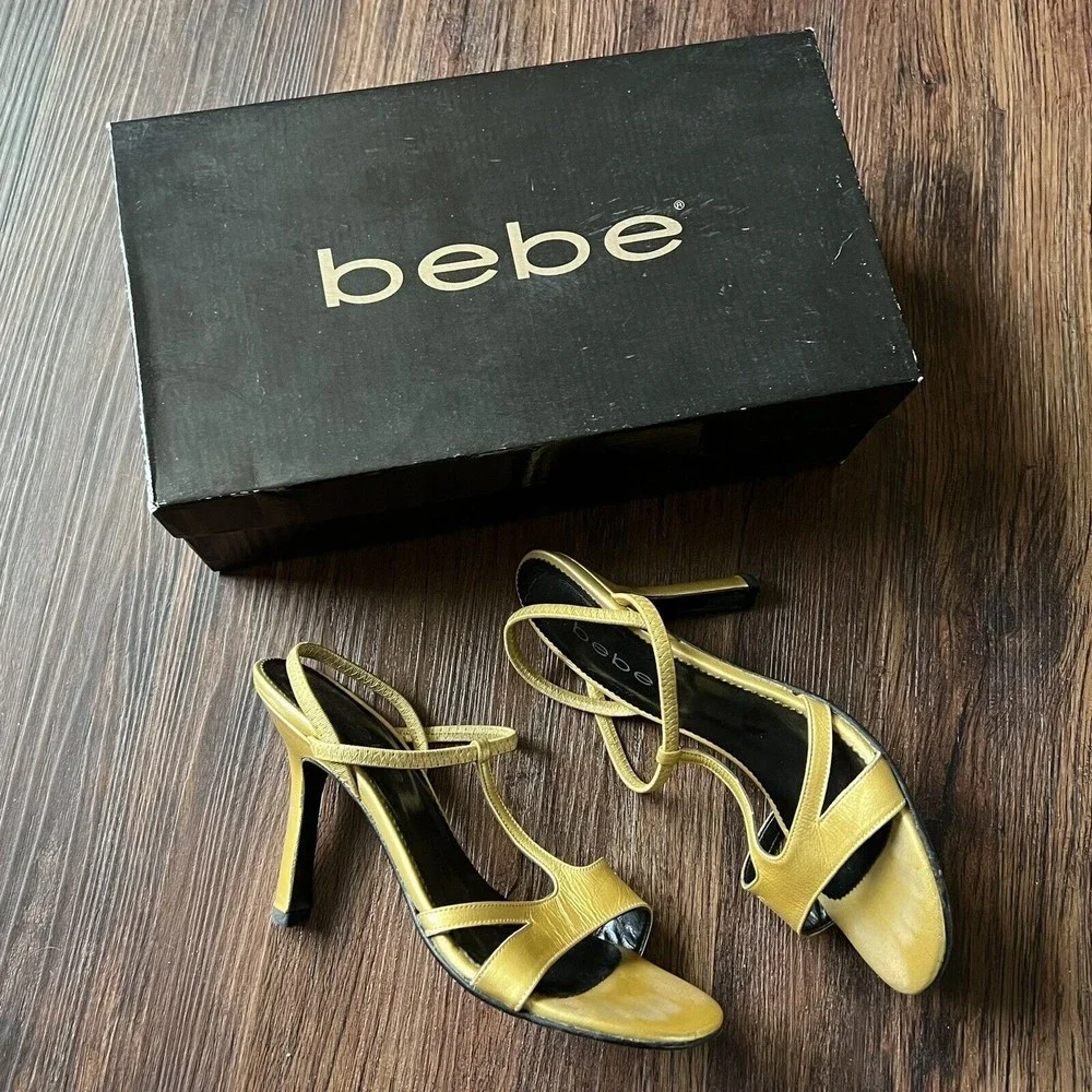 Bebe Sandals Size 6.5 Gillie Crossover Strappy Slingback Heels Metal Gold Yellow